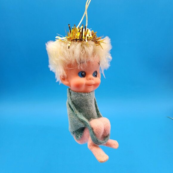 Vintage 1950s Napco Pixie Angel Elf Hugger Ornament Japan Green Felt Gold Halo - Picture 2 of 10